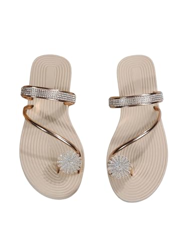 GORGLITTER Womens Sparkly Rhinestone Toe Ring Sandals Dressy Summer Cute Beach Vacation Metallic Strappy Slides Flats Shoes Gold 8.5