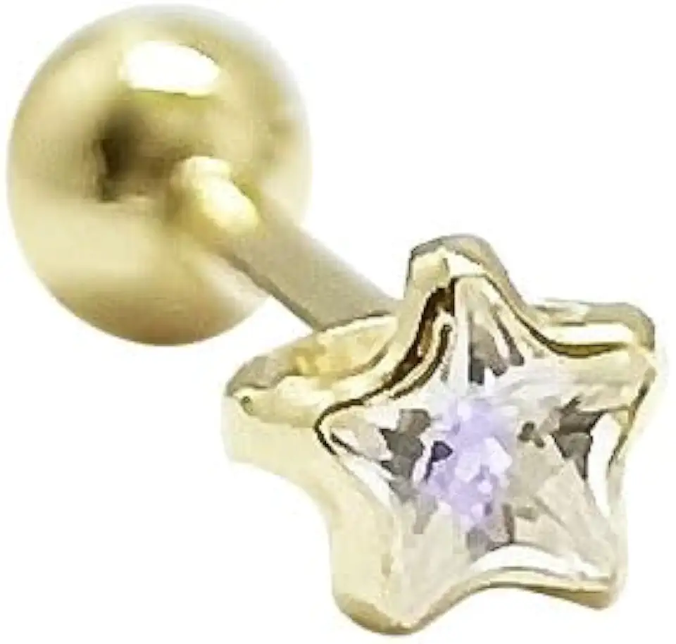 Piercing Reto para Trágus com Pedra Estrela em Ouro 18K