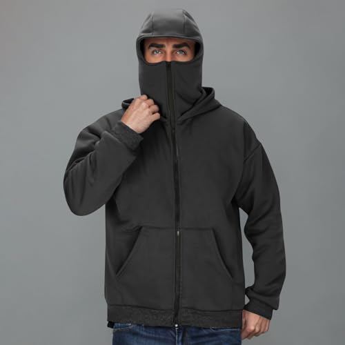 Streetwear Fleece Hoodies for Men with Mask,Thermal Winter Double Hat Hooded Sweatshirt Outdoor Sports Jacket Outwear3