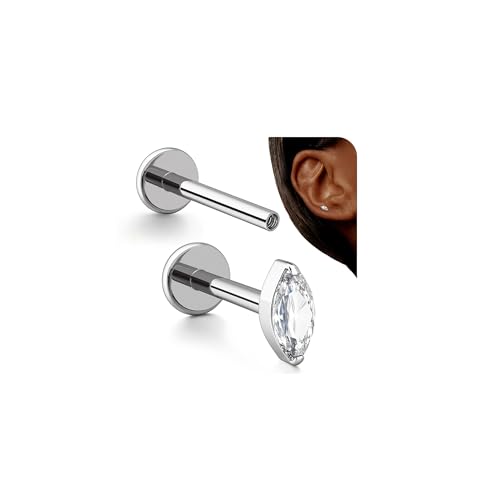 BodyBonita 16G Silver Stud Earrings Flat Back - G23 Titanium Internal Thread Solstice Cartilage Earrings for Women CZ Stud Piercing Jewelry Tragus/Helix/Conch/Medusa/Lip/Labret/Nose 6mm 8mm