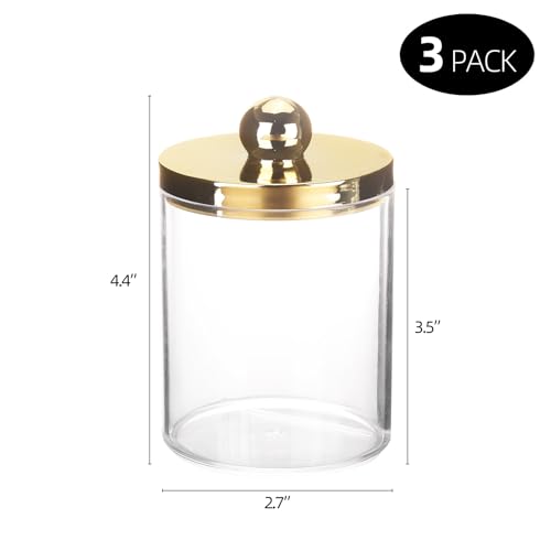 Image of Tbestmax 10oz Qtips Holder Bathroom Container - Plastic Apothecary Jar with Gold Lids for Cotton Bal Swab Round Pads, Floss - Gold