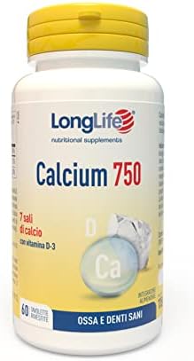 LongLife® Calcium 750mg | Integratore con 7 sali di calcio e vitamina D 3 naturale | Benessere ossa e denti | 2 mesi di trattamento | Vegetariano e senza glutine Generico - integratore