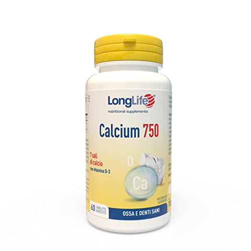 LongLife® Calcium 750mg | Integratore con 7 sali di calcio e vitamina D 3 naturale | Benessere ossa e denti | 2 mesi di trattamento | Vegetariano e senza glutine