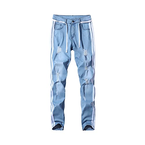 Maiyifu-GJ Men's Skinny Slim Fit Jeans Stretch Destroyed Ankle Zipper Jean Tapered Leg Ripped Side Striped Denim Pants (Light Blue,Medium)