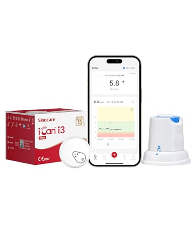 sinocare iCan i3 Continuous Glucose Monitor 15 Day Wear-life CGM Wearable Blood Glucose Tracker for Diabetes Monitoring Output Values via iCan CGM App for UK Pack of 1 Sensor & Transmitter
