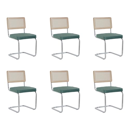 GrandCA HOME Pack de 6 Sillas de Comedor con Respaldo de Caña Natural y Base Cromada de Acero Inoxidable, Sillas de Cocina Tapizadas de Ratán,Gris