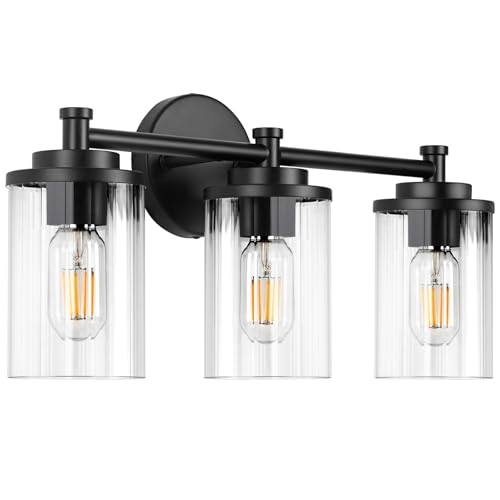 Image of 3-Light Bathroom Light Fixtures, Black Vanity Light with Clear Glass Shade, Modern Bathroom Lighting Fixtures Over Mirror, 19 inch Bathroom Vanity Light for Mirror Bedroom Hallway