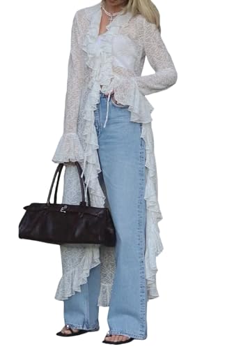 Women Ruffle Lace Maxi Blouse Long Sleeve Tie Front Long Kimono Cardigans See Through Flowy Cover Up (White, M)