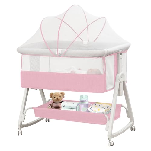 Image of MEICHYUN Baby Bassinet Bedside Sleeper for Baby,Bedside Bassinet with Wheels and Storage Basket,All Mesh Portable Bassinet for Newborn,6 Height Adjustable Easy to Assemble Bedside Crib(Upgrade Pink)