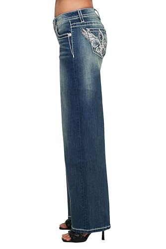 Miss Me Women's Mid-Rise Winged Fleur de Lis Embellished Pockets Wide Leg Jeans3