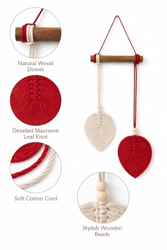 Image of AdFashionble Boho Macrame Wall Hanging Leaf Decor for Home, Living Room & Bedroom | Cotton Thread Art with Wooden Rod | Minimalist Handmade Wall Decoration | Aesthetic Nordic Wall Art for Home, Office & Gift Purpose (RED & WHITE)