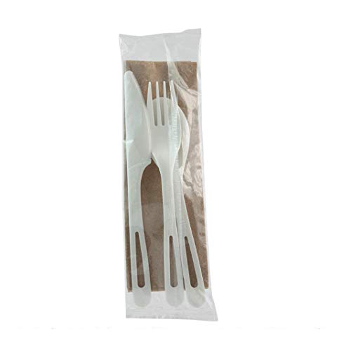 World Centric AS-PS-TN Corn Starch Utensil Set Knife Fork Spoon Napkin - 200F Individually Wrapped 250 ct