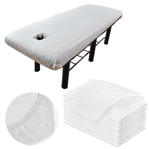 Lot de 10 Draps de Lit Table de Massage avec Trou Housse Jetables Table Massage 90x215cm Drap Jetable Table Massage non Réglable pour Table de Massage, Spa,...