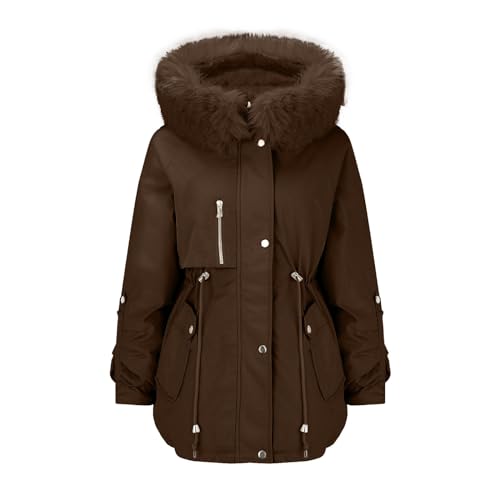 Shffuw Women's Winter Parka Coat Detachable Faux Fur Collar Casual Fashion Zip Up Cotton Jacket with Pockets Windproof Warm Overcoat for Ladies Comfy Elegant Overcoat for Commute & Walking Coffee
