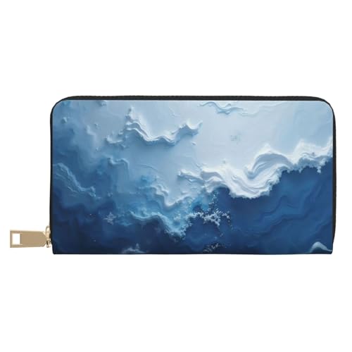 Abstract Blue Ocean Waves Print Wallet Women, Leather Bifold Multi Card Wallet, Long Purse Women's Wallets