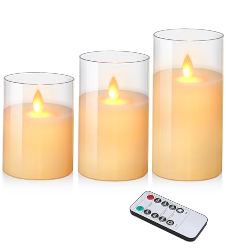 XEMQENER Velas LED con cera real, velas falsas sin llama, 3 piezas parpadeantes con función de atenuación de temporizador, perfectas para fiestas, bodas, festivales