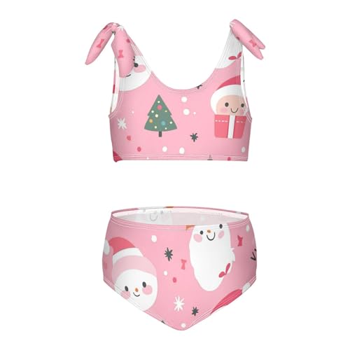 KLL Cute Cartoon Character and Christmas Elements Pink Girls Two Pieces Bikini Set Beach Bathing Suit Swimming Suits