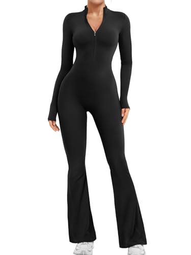 YEOREO Women Long Sleeve Flare Workout Jumpsuit Zip Up Romper Bottom Pants Wide Leg Bodysuit Bodycon Sexy One Piece Black M