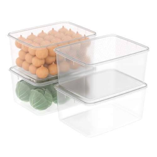 Cetomo 10L*4 Contenitore per Alimenti, Scatole per Frigo in Plastica, Organizzer per Frigorifero, Contenitori con Coperchio adatti Freezer, Senza BPA, Sicuro per Microonde, Trasparente, 10L-4 Unità