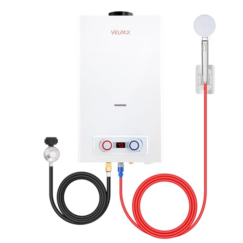 Propane Water Heater 4.2 GPM 16L Outdoor Portable Tankless Water Heater 81891 BTU/Hour with Digital Display Battery Ignition 5 Mode Shower Head Instant On Demand Hot Water for RV Camping Cabin