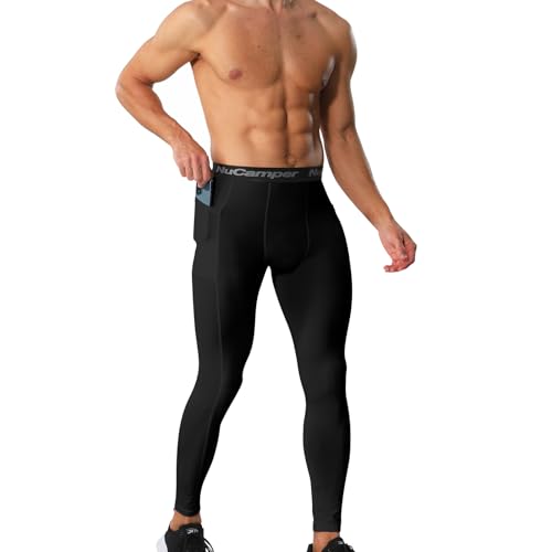 NuCamper Pantalones de Compresión para Hombre con Bolsillo Mallas Deportivos Secado Rápido Hombre Leggings Baselayer Tights para Correr Entrenamiento Bloncesto Gimnasio