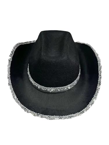 Kiluex Adult Cowboy Hat Cowgirl Hat Wide Brim High Top Sparkly Rhinestone Sequin Cowboy Hat Fancy Dress Disco Dance Hats (A-Black, ONE Size)