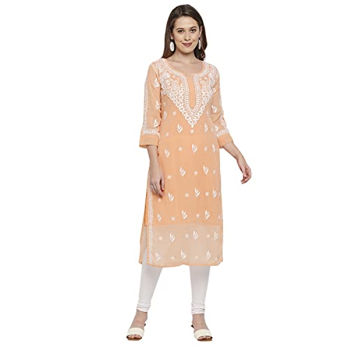 Image of indiankala4u Lucknow Chikankari Hand Embroidered Kurta for Women with Matching Inner, Georgette