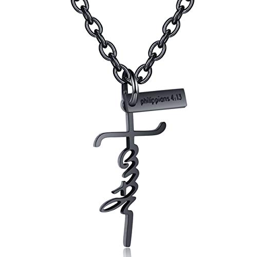Rehoboth Creative Letter Faith Cross Pendant Necklaces for Girls Boys Women Men Bible Verse Philippians 4:13 I can do All Things 20 Inch Adjustable Stainless Steel Chain Black