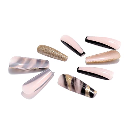 Brishow Unghie finte lunghe con paillettes dorate