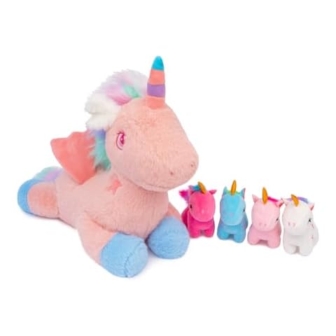 Niuniu Daddy Unicorn Stuffed Animals for Girls Ages 4-6, 19.6" Dirty Pink Mother Unicorn Plush with 4 Unicorn Babies, Rainbow Tie-Dye Mane Cover