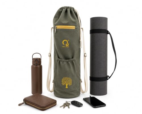 Image of O2 Yoga Mat Bag | Cotton Yoga Mat Carry Bag with Adjustable Double Straps | Yoga Mat Cover Bag for Women & Men | Fits 2mm-10mm Mats (Greenish Grey Kalpavruksh Block Print)