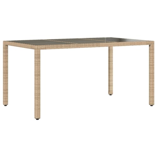 vidaXL Table de Jardin avec Dessus en Verre, Table à Manger, Table de Repas, Meuble de Patio Terrasse Extérieur, Beige Résine Tressée