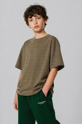 Image of Alan Jones Clothing Boys Oversized T-Shirt with Embossed Stripe Design | Half Sleeve Round Neck Casual Tee for Kids