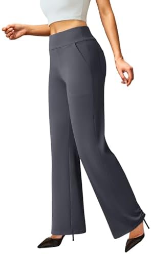FireSwan Womens Dress Pants Stretchy Wide Leg Work Pants Business Casual Trousers Pull On Office Slacks with 4 Pockets Dark Grey
