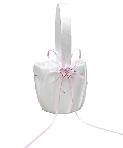 he andi Wedding Flower Girl Basket with Double Heart Rhinestone Decor (Pink)