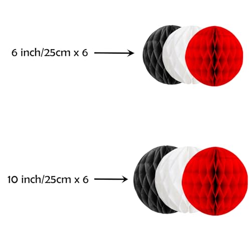 Image of ZOOYOO 12Pcs 6 inch 10 inch Honeycomb Balls Decorations Hanging Tissue Paper Pom Poms for Birthday Party Graduations Wedding Vampire Casino Decorations(Red Black White)