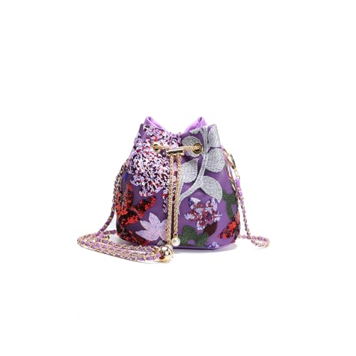 Sequins Bucket Bag Chinese Retro Crossbody Bags Embroidered Flowers Chain Handbag For Travel Daily Shopping 1PCS