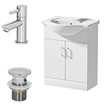 Affine® 650mm Bathroom Vanity Unit Ceramic Sink Floorstanding Storage Cabinet Cupboard & Malmo Basin Tap & Waste Set, White Gloss