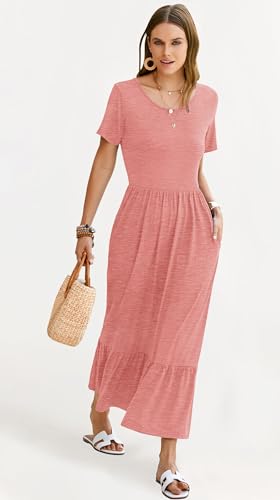 Image of AUSELILY Womens Summer Dresses 2025 Short Sleeve Maxi Dress Crewneck Casual Sundresses with Pockets