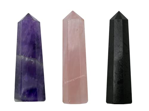 Image of Amazing Gemstone Set of 3 Amethyst, Rose Quartz, Black Tourmaline Crystal Towers - Natural Healing Crystal Point Obelisk for Reiki Healing and Crystal Grid (2 Inch to 3 Inch)