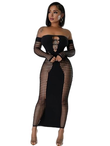 Stunning Hollow Out Long Sleeve Bodycon Maxi Dress for Women, Sexy Elegant Mesh Sheer Party Dress for Club