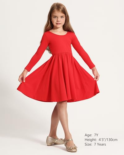 Image of Stelle Long Sleeve Girls Dress Toddler Dresses Skater Twirl Cotton A-Line Dress for School Casual | Criss Cross Back,Crew Neck,High Waist,Spinny Swing,Stretchable,Spring Fall Winter,Casual School Birthday Dance