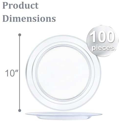 I00000 100PCS Clear Silver Plastic Plates, Clear Plates with Silver Rim, 10 Inch Dinner Plates Premium Party Supply for Wedding Birthdays Party