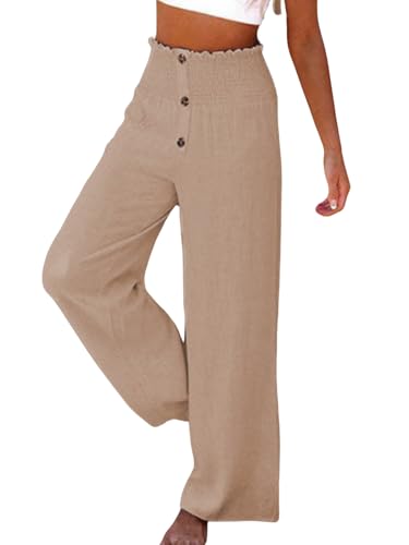 Womens Summer Wide Leg Palazzo Pants Smocked High Waisted Pants Loose Fit Casual Beach Trousers