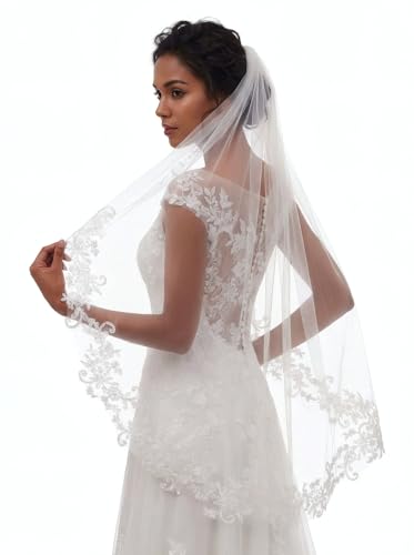 AOREAS Wedding Bridal Veil 2 Tier Flower Lace...