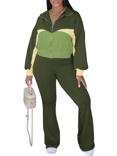 HBQ Women's Color Block 2 Piece Tracksuit Sets Long Sleeve Zip Up Crop Jacket and Flare Pants Casual Y2K Outfit-Army Green-L