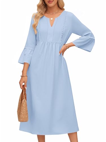 MEROKEETY Women's 3/4 Sleeve V Neck Midi Dress Flowy Swing Loose Ruffle Casual Vacation Dress, GrayBlue, X-Large