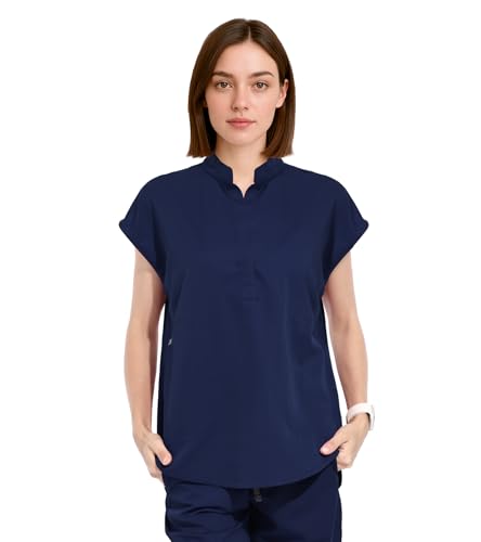 Medical Scrub Tops for Women - Mandarin Collar Soft Stretch Women’s Scrub Top, Relaxed Fit Scrub Shirts Navy Blue