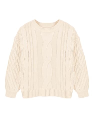 Girls Cable Knit Sweaters Crewneck Lantern Long Sleeve Drop Shoulder Warm Jumpers for Kids Size 5-14Y2