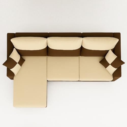 Image of Furny Arevva 4 Seater Fabric LHS L Shape Sofa Set (Cream-Dark Brown)